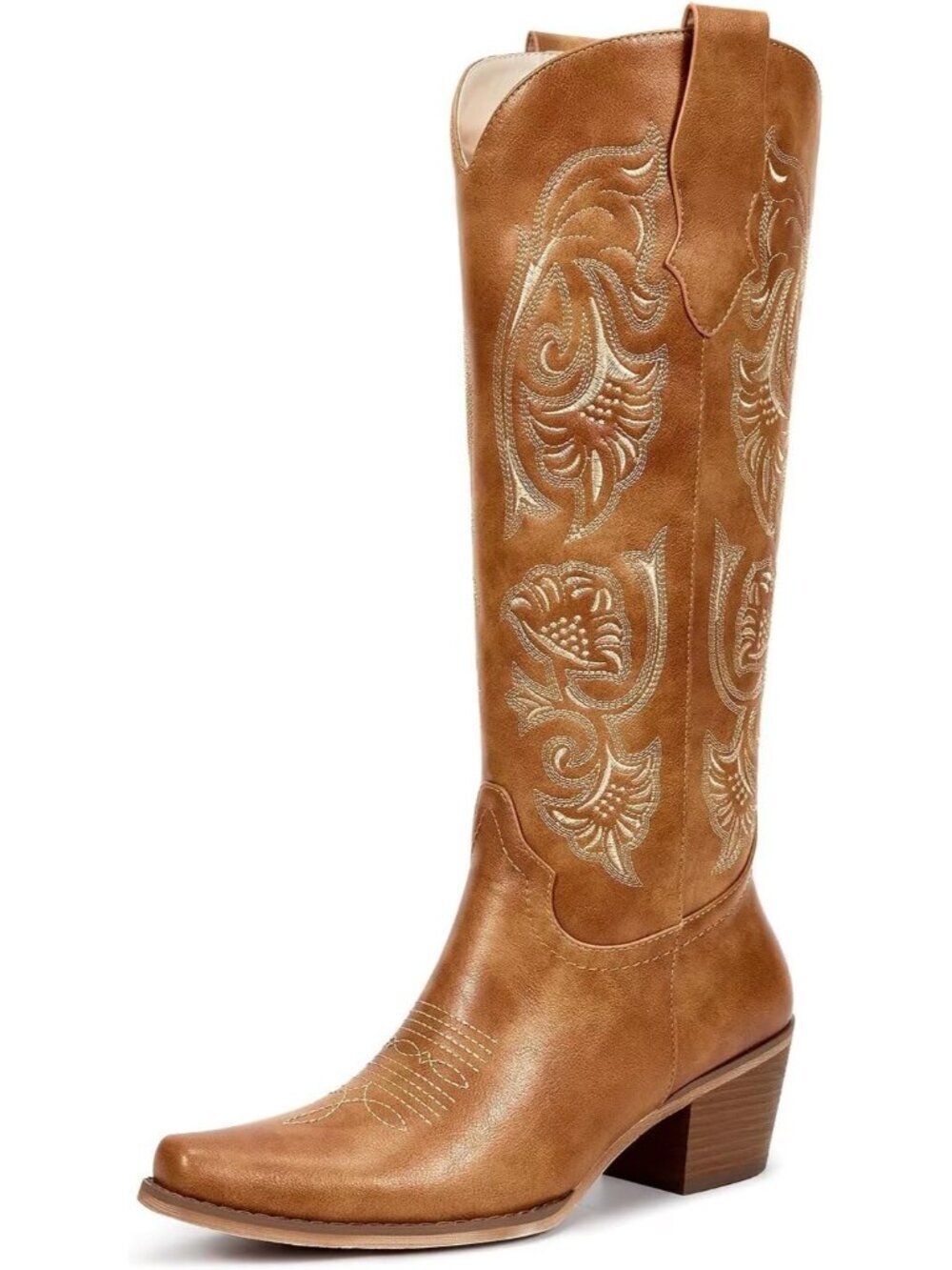 Women's Brown Cowgirl Boots with Floral Embroidered Pointed Toe Chunky Heel Boot